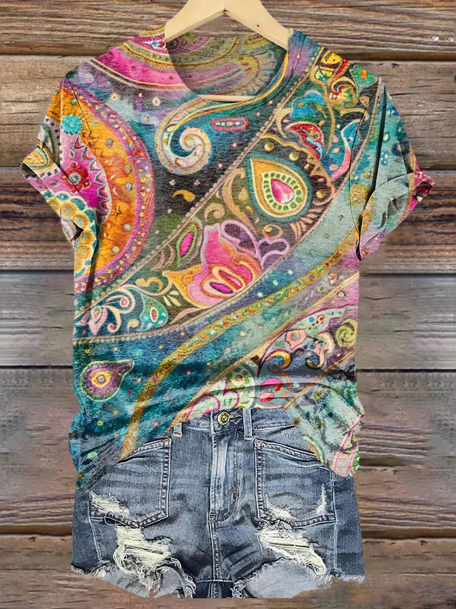 3D Digital Print T-Shirt Womens V-Neck Short-Sleeve Top