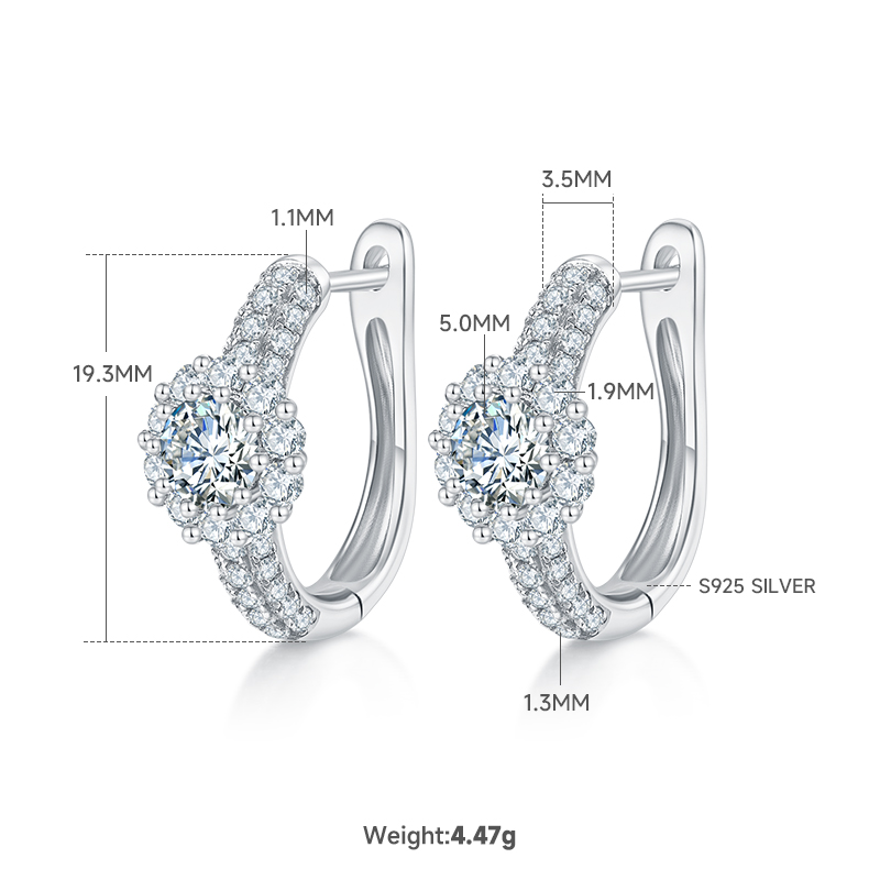 5.4g Sterling Silver 5mm Moissanite Halo Hoop Earrings Pave Huggie Hoops With GRA