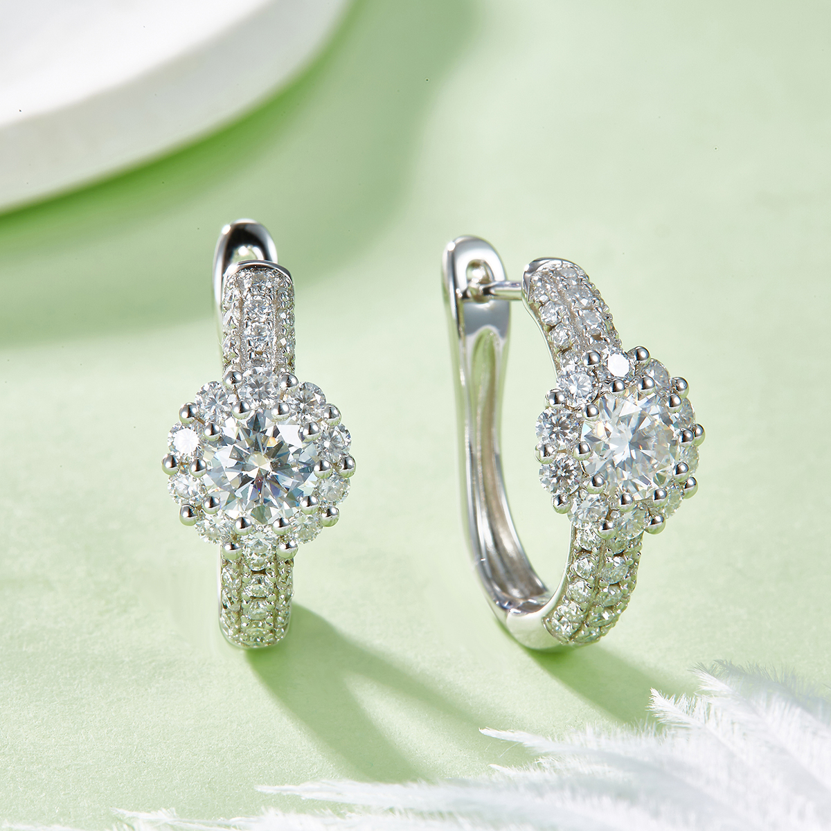 5.4g Sterling Silver 5mm Moissanite Halo Hoop Earrings Pave Huggie Hoops With GRA