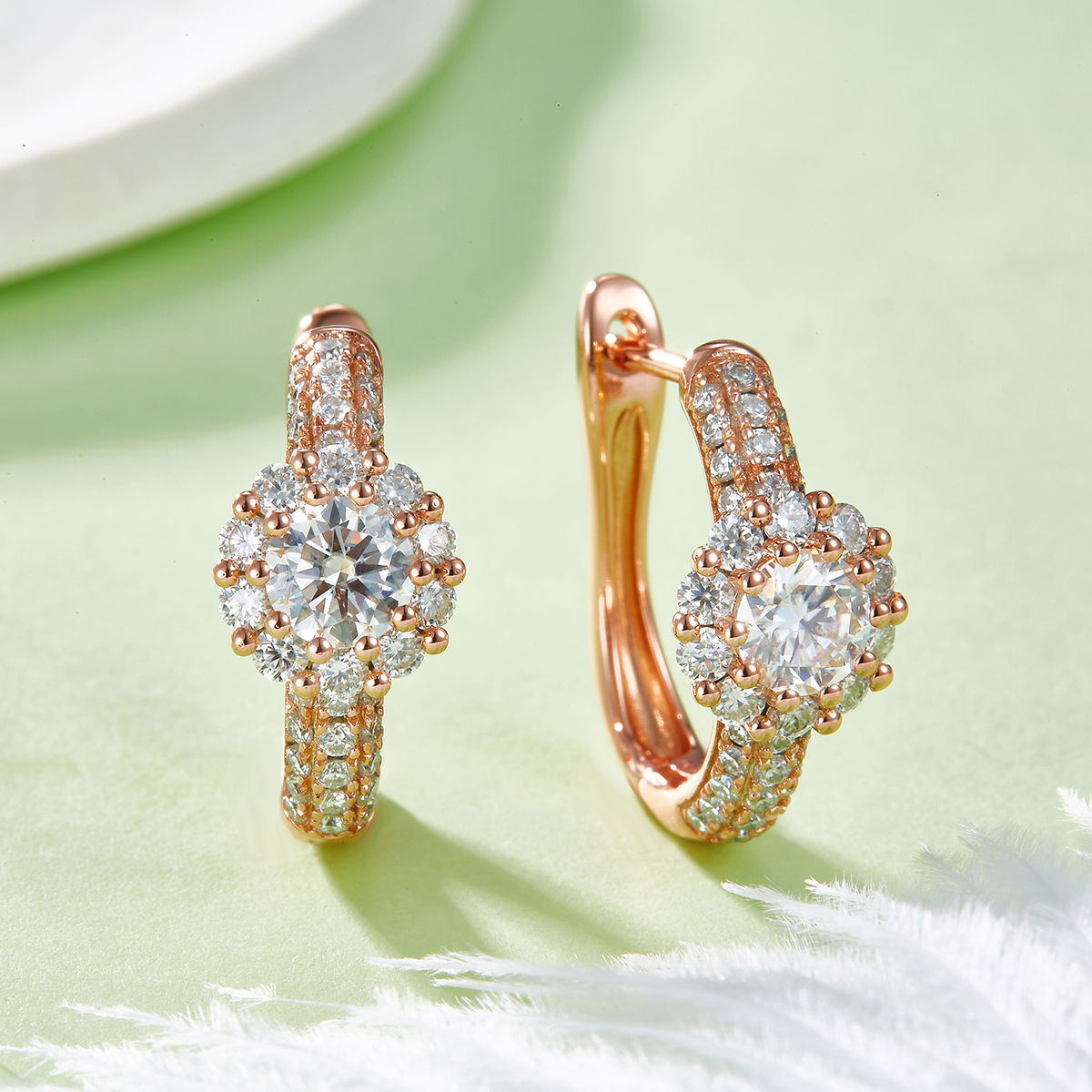 5.4g Sterling Silver 5mm Moissanite Halo Hoop Earrings Pave Huggie Hoops With GRA