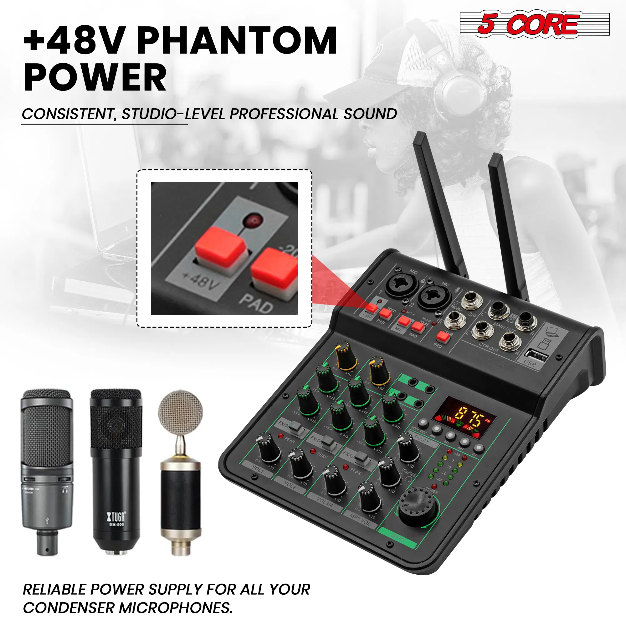 5 Core Audio Mixer Sound Board 4 Channel XLR Stereo Receiver w Bluetooth USB Microphone PA