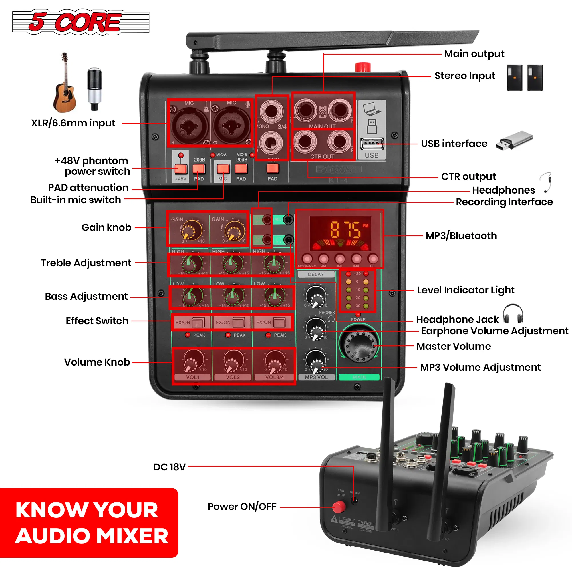 5 Core Audio Mixer Sound Board 4 Channel XLR Stereo Receiver w Bluetooth USB Microphone PA