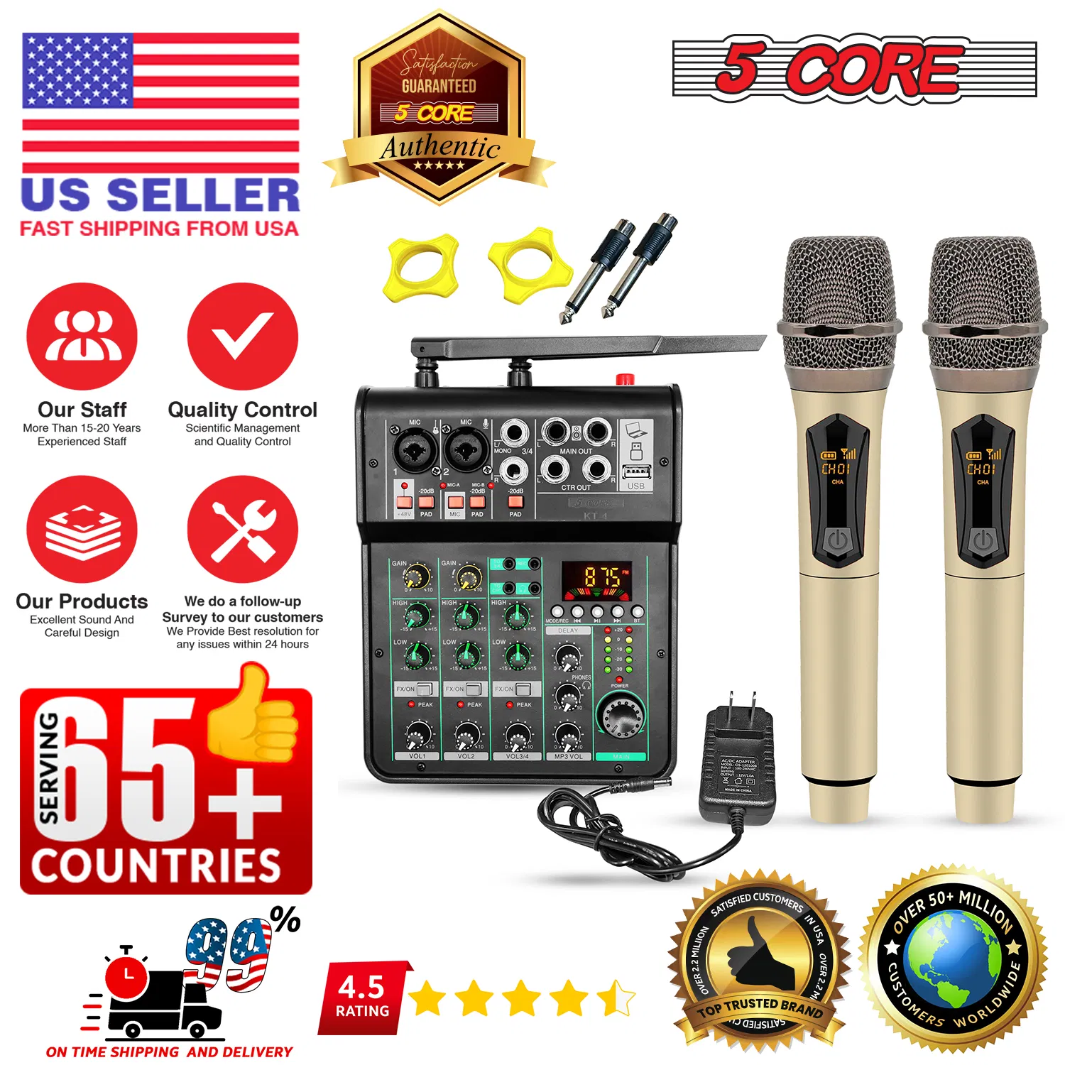 5 Core Audio Mixer Sound Board 4 Channel XLR Stereo Receiver w Bluetooth USB Microphone PA