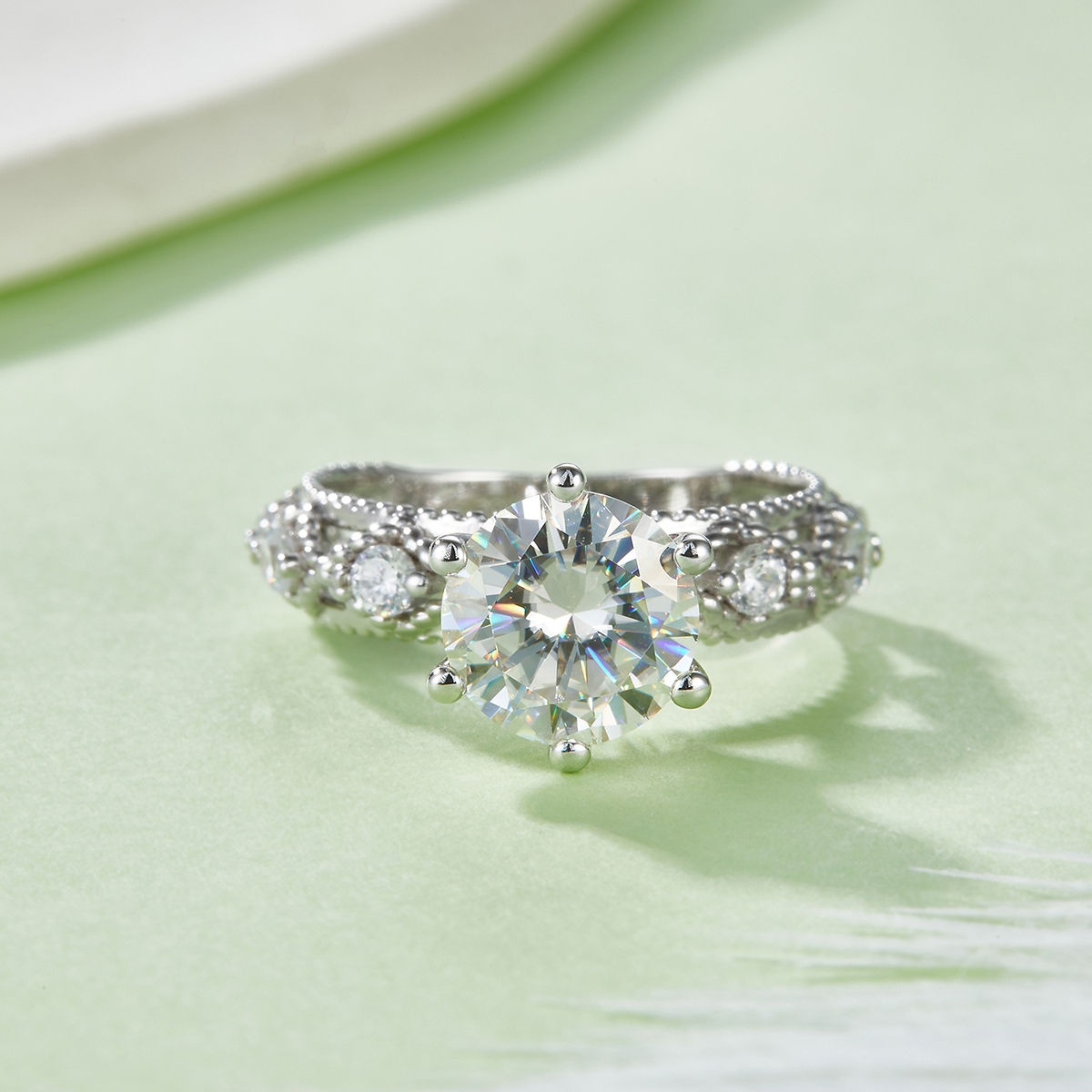 6-Prong 2 Carat Round Moissanite Engagement Ring, Split Shank Silver Platinum Plated D