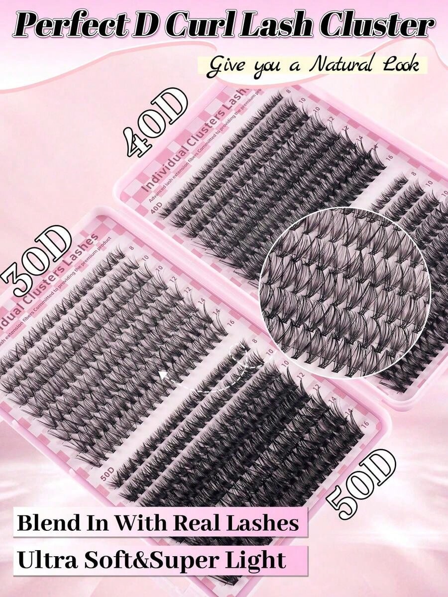 640PCS D Curl Individual Lash Clusters, 30D 40D 50D DIY Lash Extensions, Natural Thick