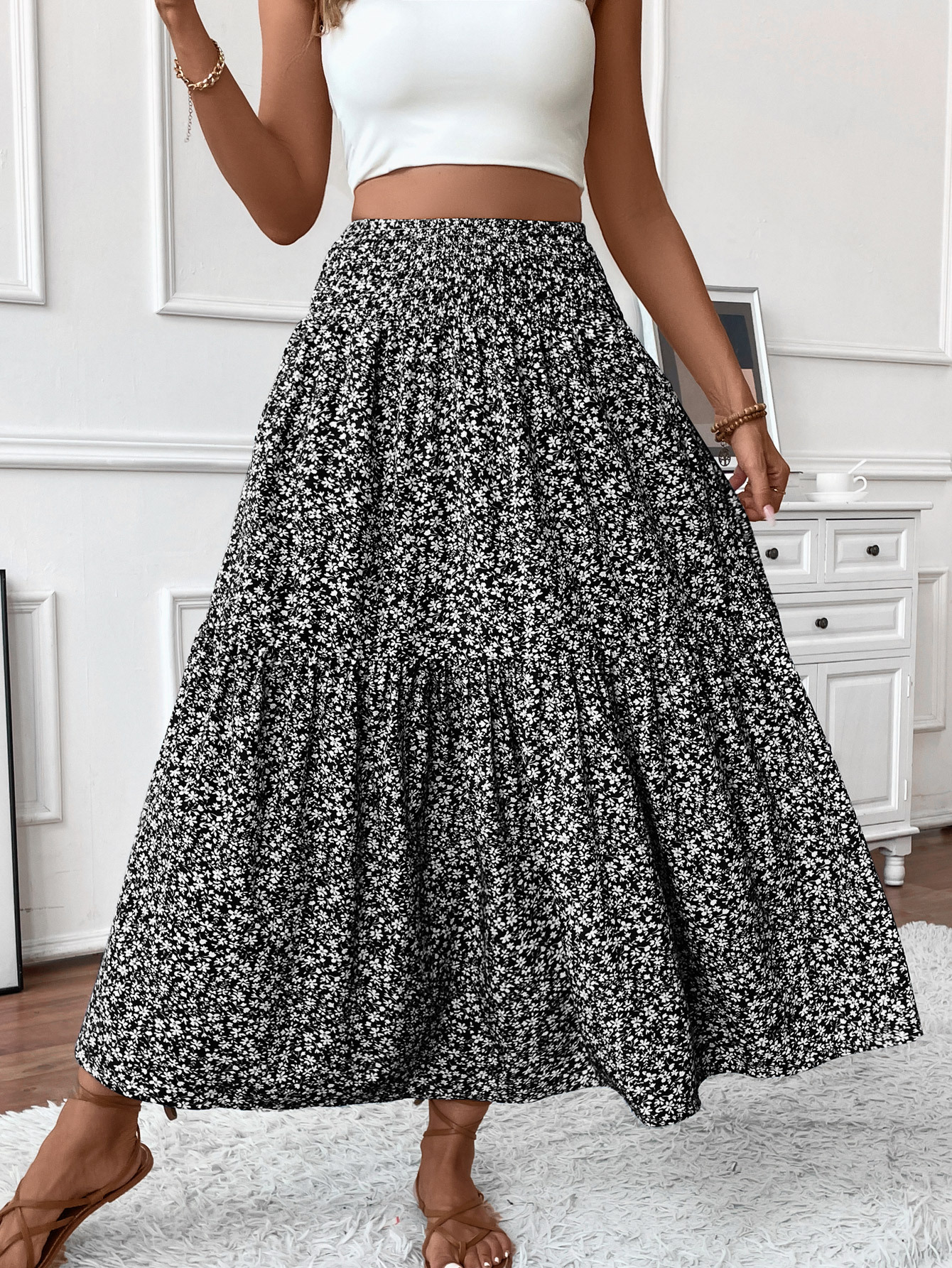 A-Line Skirt Long Amazon European And American Floral Skirt Autumn And Summer High-End