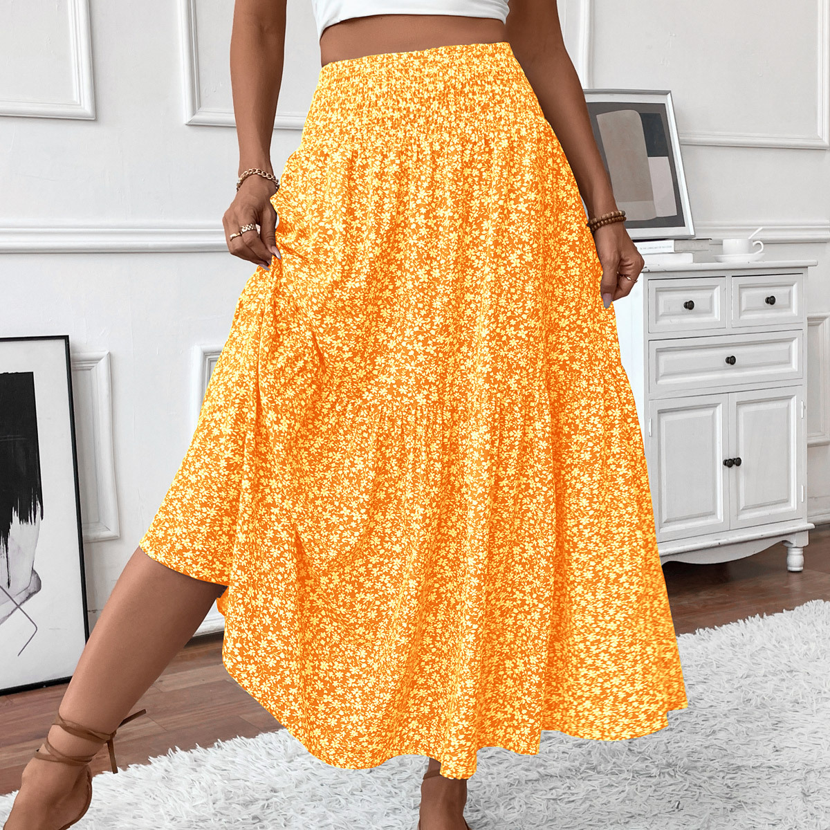 A-Line Skirt Long Amazon European And American Floral Skirt Autumn And Summer High-End