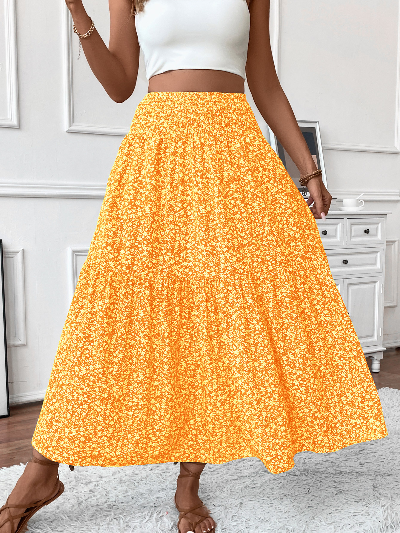A-Line Skirt Long European And American Floral Skirt Autumn And Summer High-End Splicing