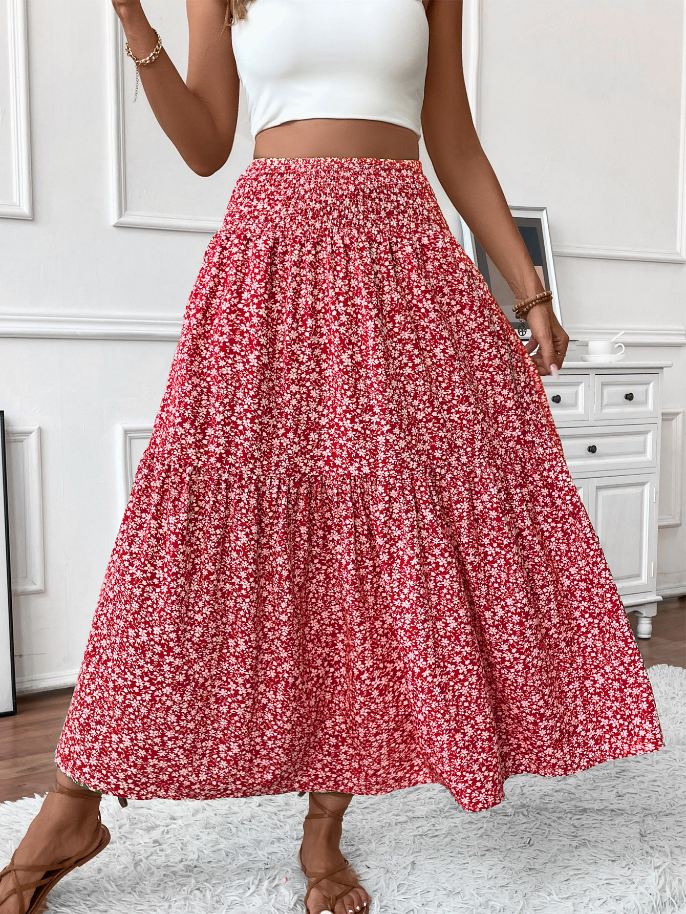 A-Line Skirt Long European And American Floral Skirt Autumn And Summer High-End Splicing