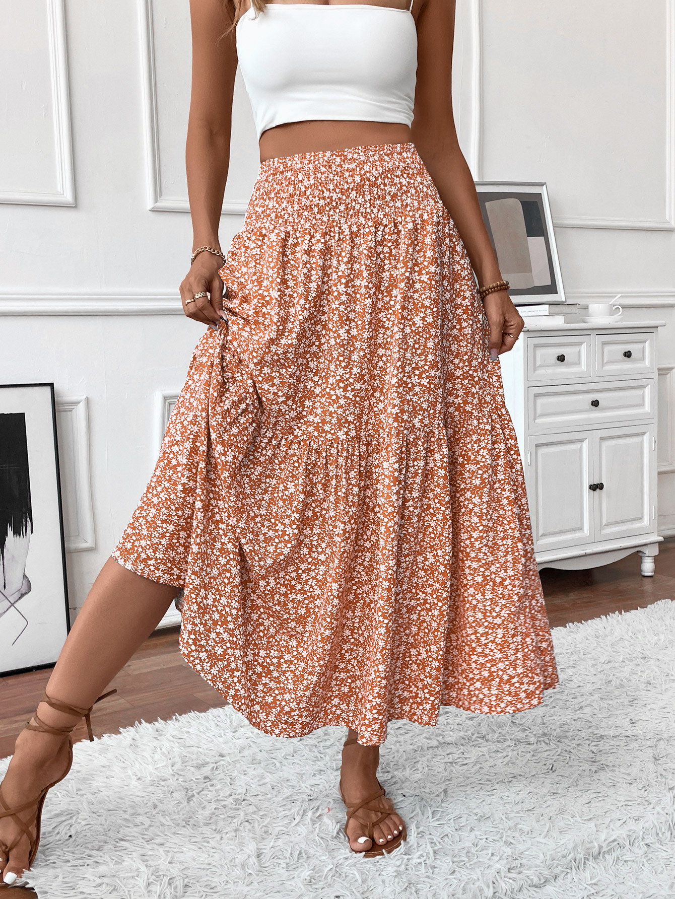 A-Line Skirt Long European And American Floral Skirt Autumn And Summer High-End Splicing
