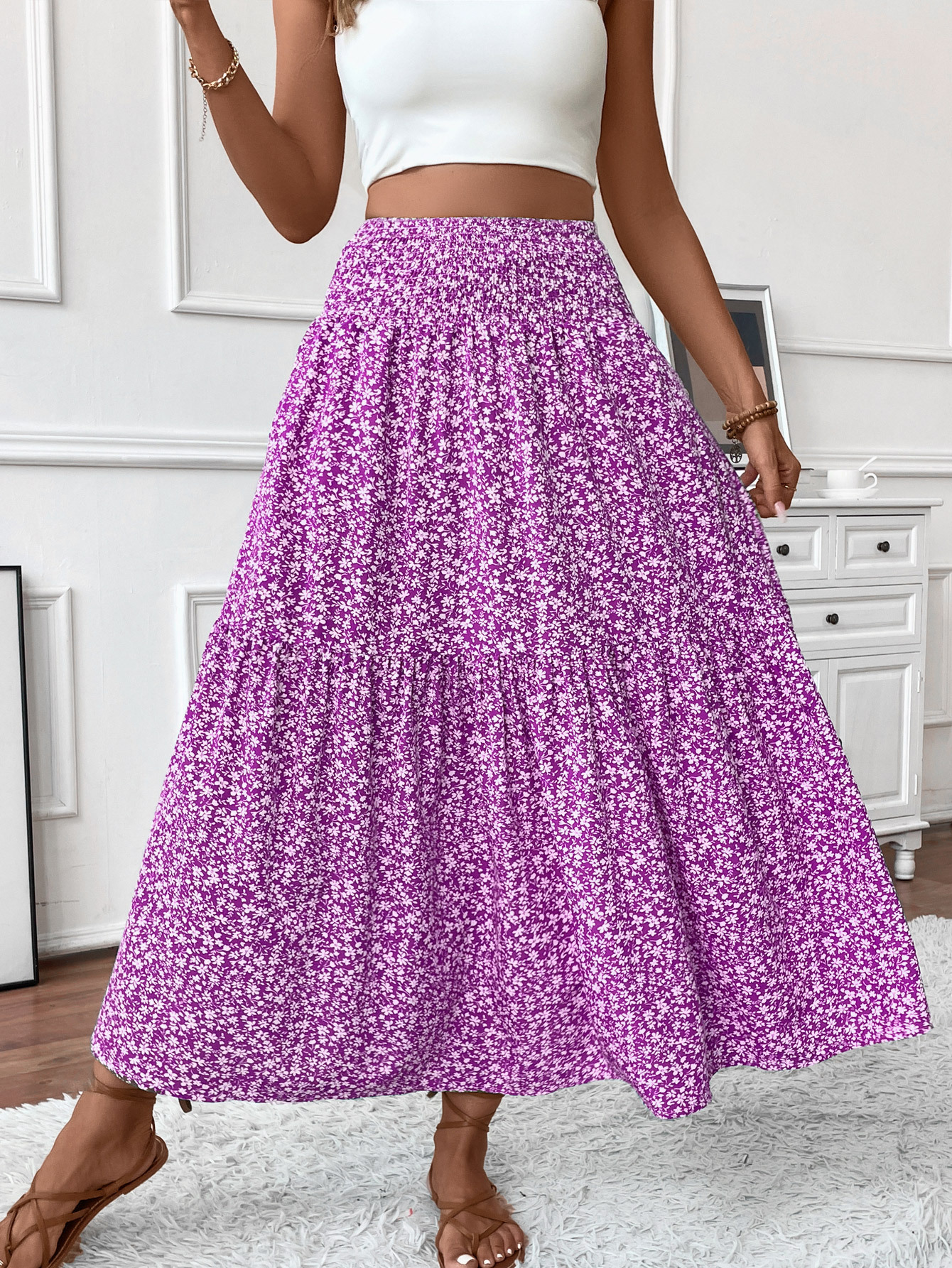 A-Line Skirt Long European And American Floral Skirt Autumn And Summer High-End Splicing
