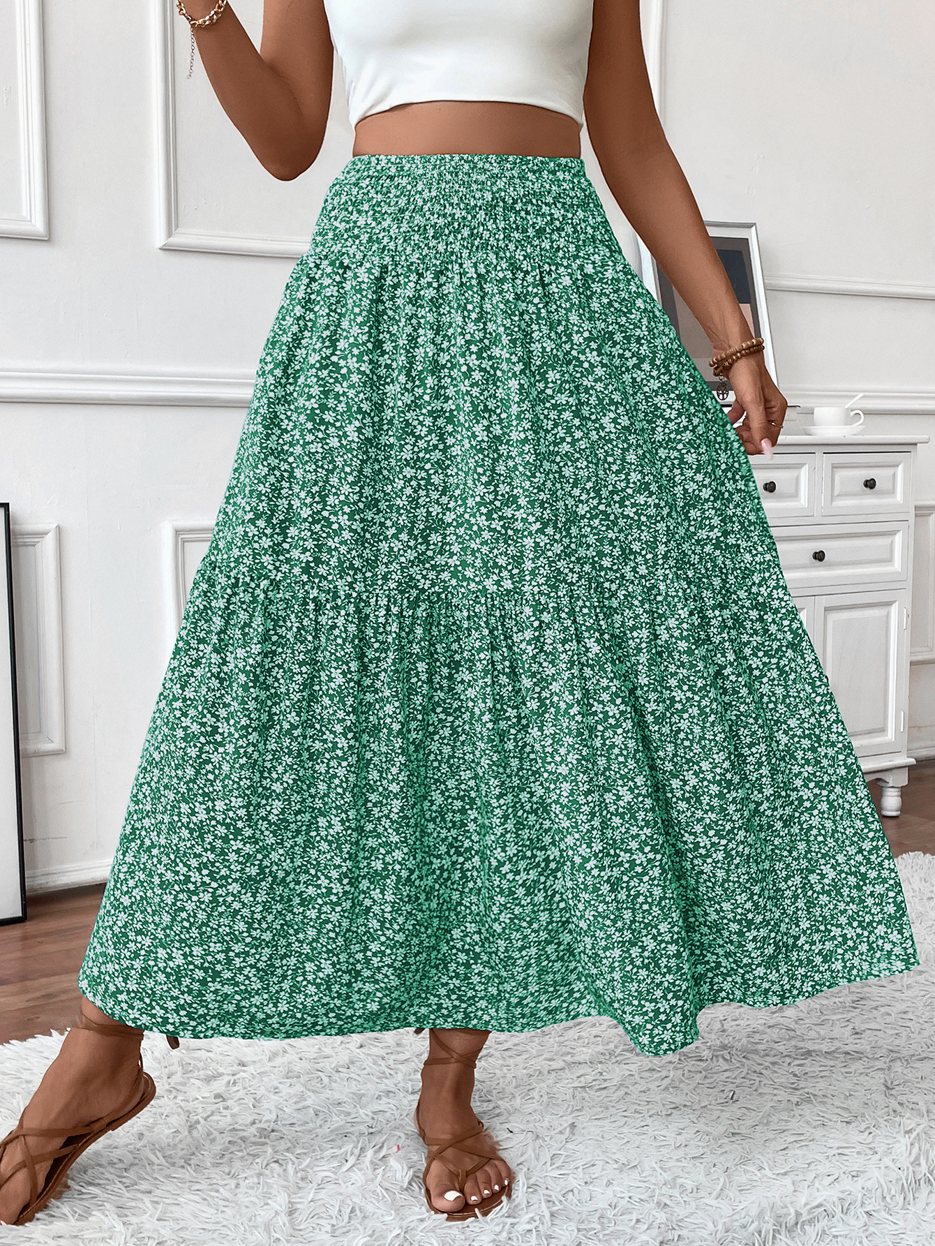 A-Line Skirt Long European And American Floral Skirt Autumn And Summer High-End Splicing