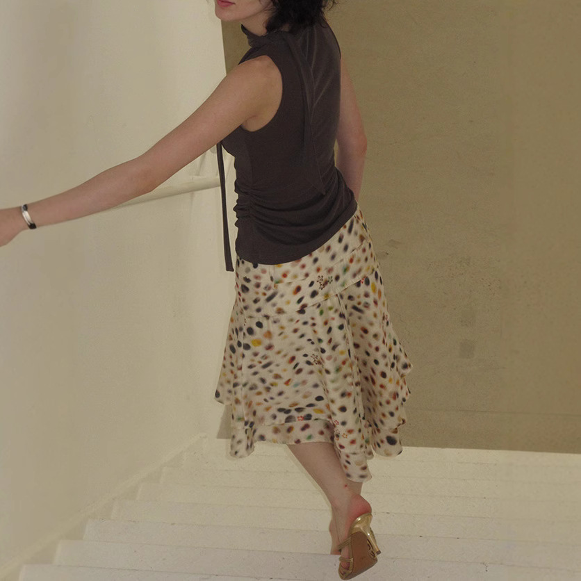 Acetate Tencel Psychedelic Polka-dot Double-layered Bias-cut Midi A-line Skirt