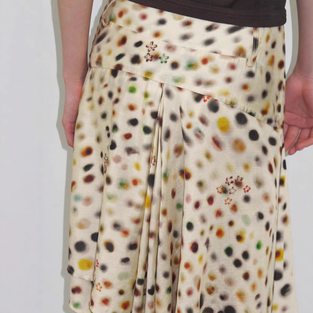 Acetate Tencel Psychedelic Polka-dot Double-layered Bias-cut Midi A-line Skirt