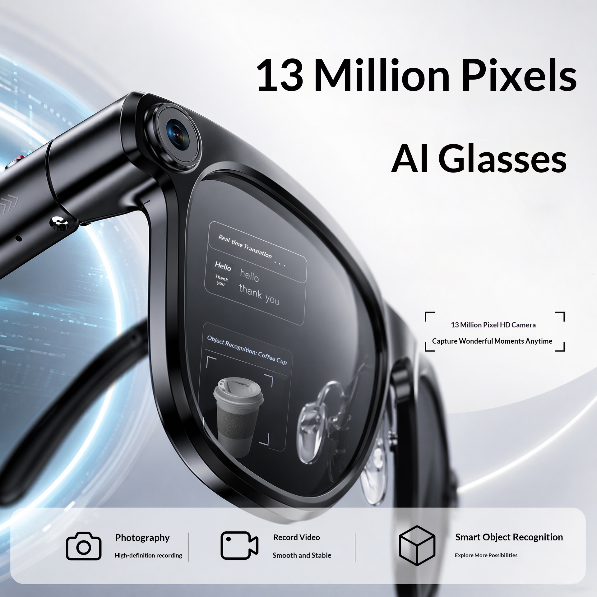 KI-Smart-Brille, 1300-MP-High-Definition-Kamera, Anti-Shake-Aufnahmen, Objekterkennung