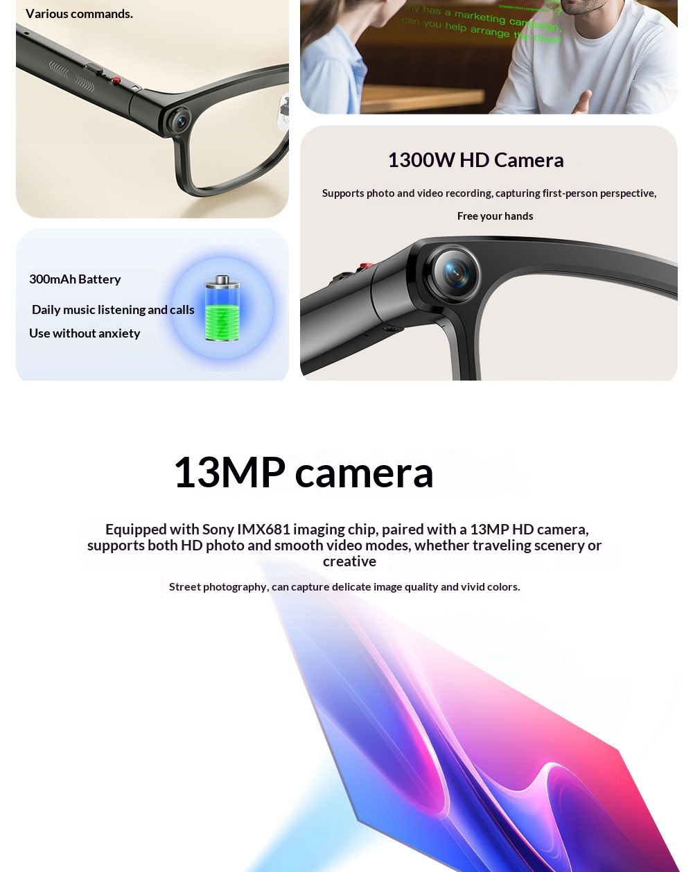 KI-Smart-Brille, 1300-MP-High-Definition-Kamera, Anti-Shake-Aufnahmen, Objekterkennung
