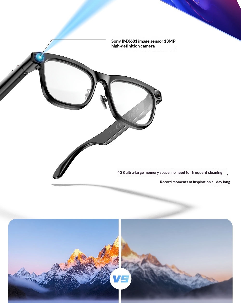 KI-Smart-Brille, 1300-MP-High-Definition-Kamera, Anti-Shake-Aufnahmen, Objekterkennung