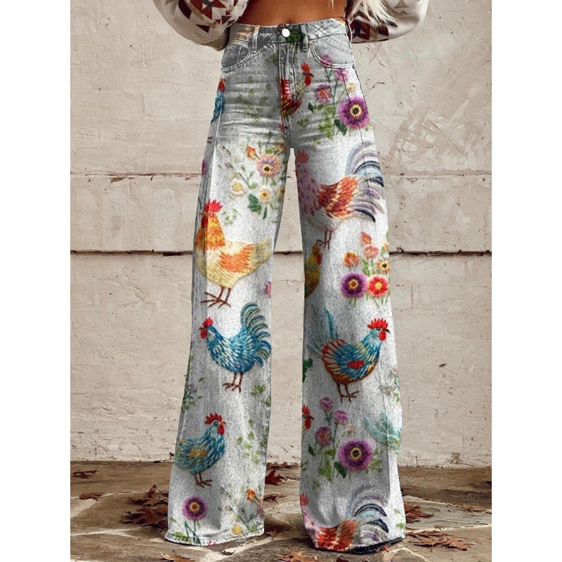 All-match Printed Wide-leg Denim Pants
