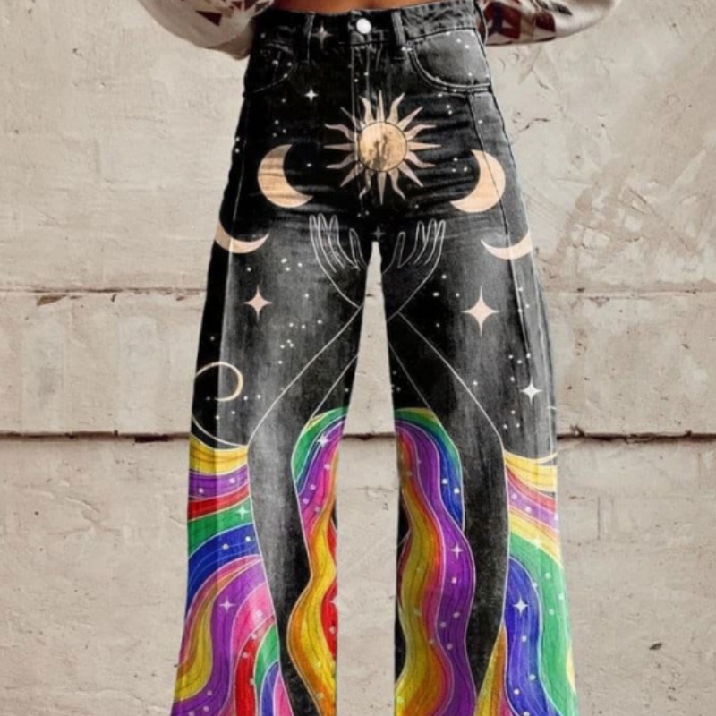 All-match Printed Wide-leg Denim Pants