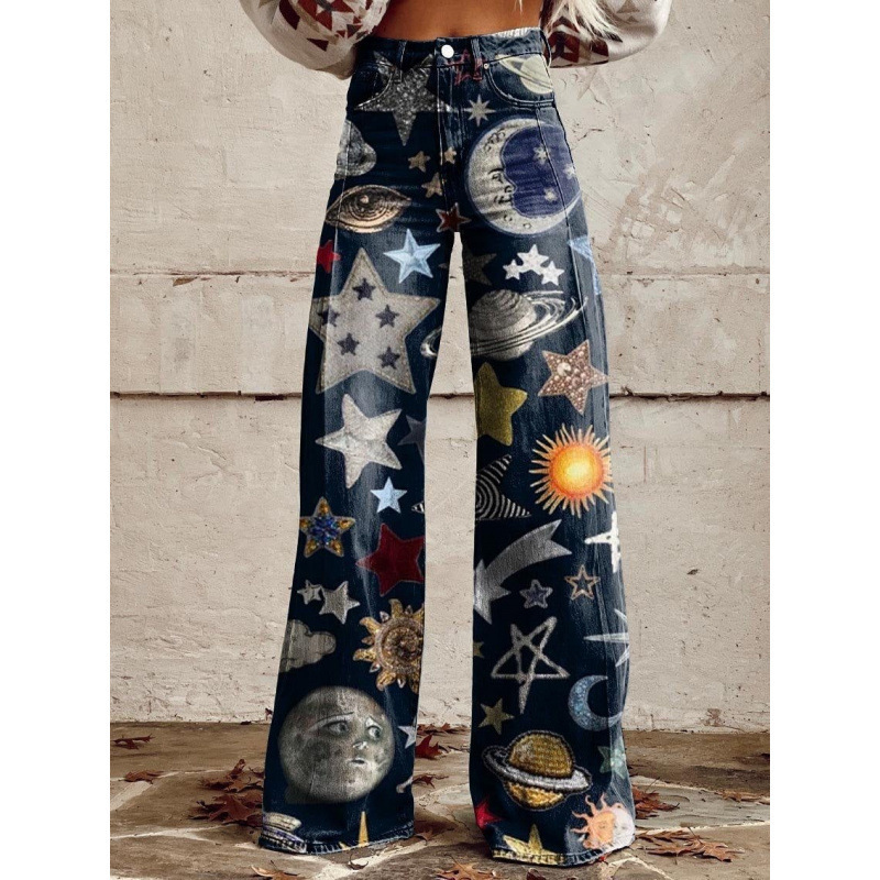 All-match Printed Wide-leg Denim Pants