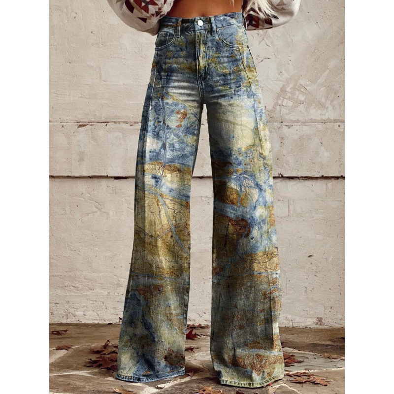 All-match Printed Wide-leg Denim Pants