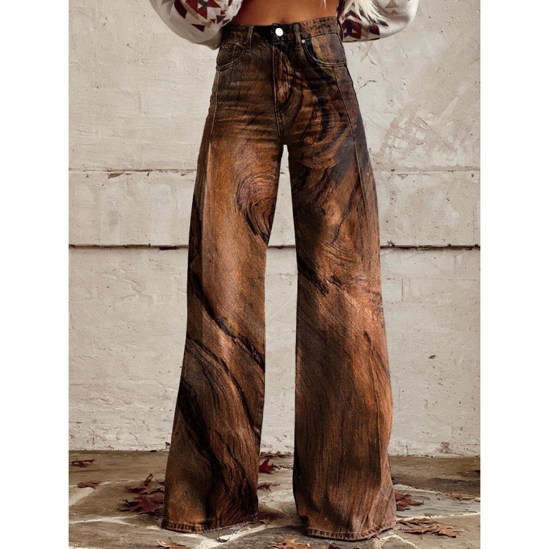 All-match Printed Wide-leg Denim Pants