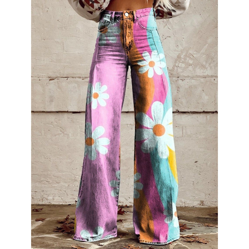 All-match Printed Wide-leg Denim Pants