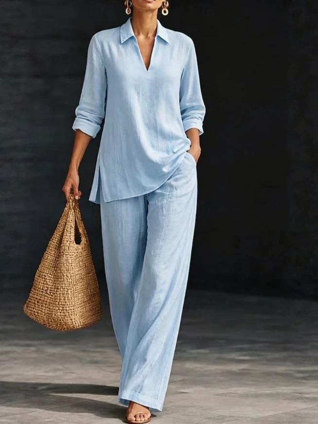 Amazon AliExpress 2026 Fall Winter New V-neck Solid Color Long Sleeve T-shirt And Pants