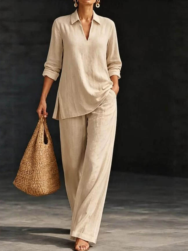 Amazon AliExpress 2026 Fall Winter New V-neck Solid Color Long Sleeve T-shirt And Pants