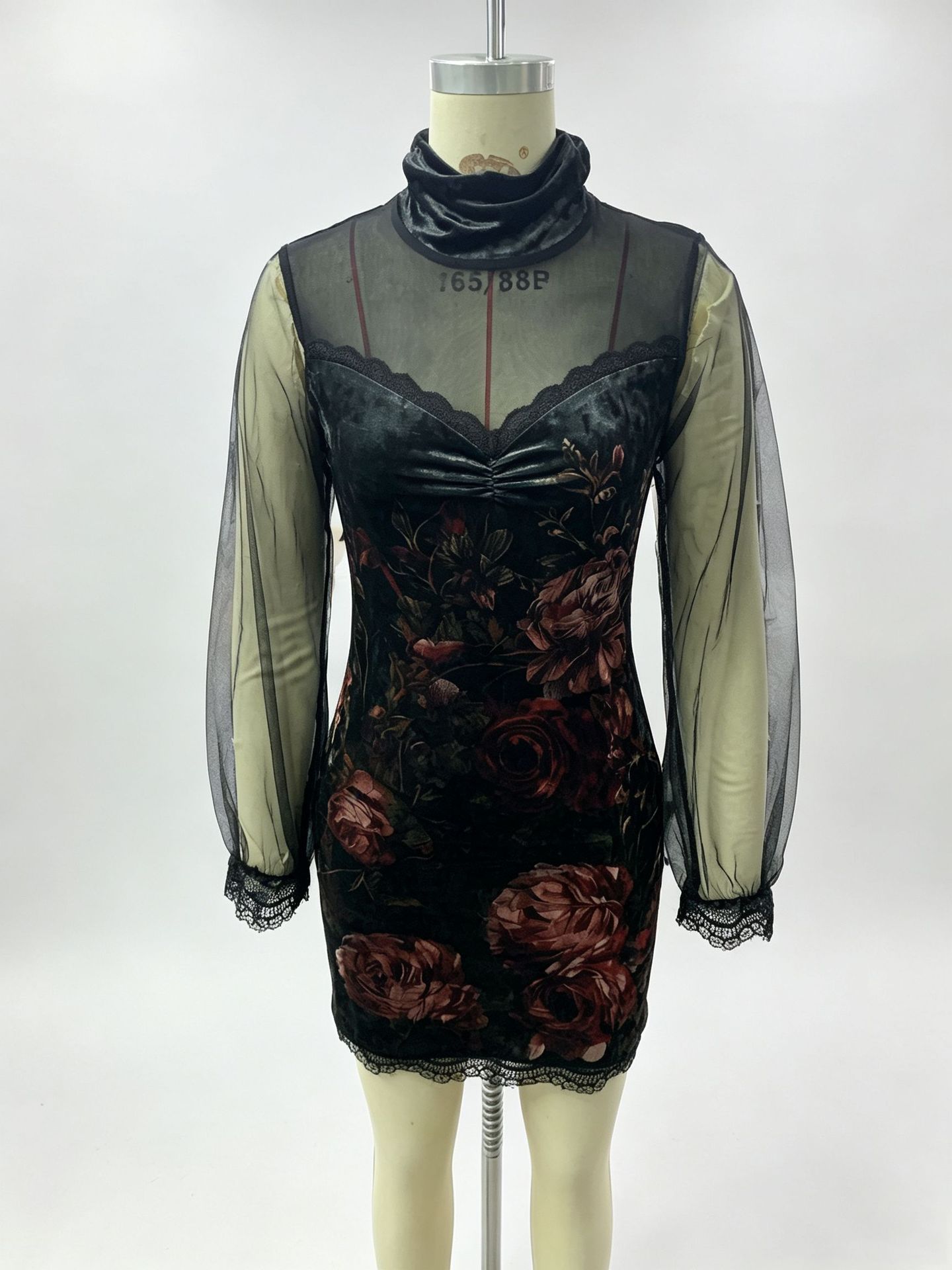 Amazon European And American Style Printed Mesh Patchwork Short Skirt Lace High Collar