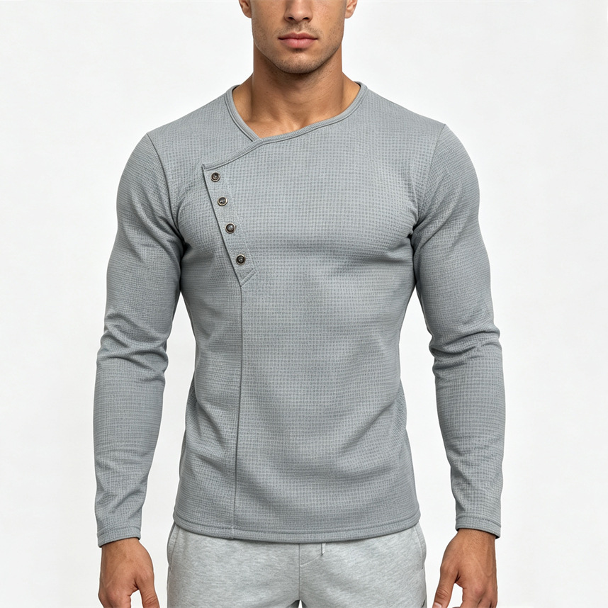 Amazon Men's Diagonal Button Waffle Long Sleeve T-shirt Casual Sports Slim Fit V-neck Top