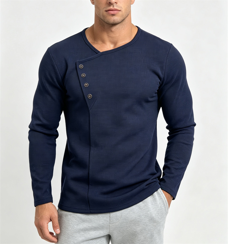 Amazon Men's Diagonal Button Waffle Long Sleeve T-shirt Casual Sports Slim Fit V-neck Top
