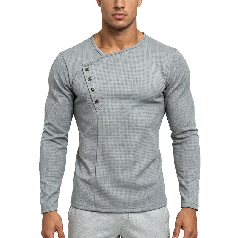 Amazon Men's Diagonal Button Waffle Long Sleeve T-shirt Casual Sports Slim Fit V-neck Top