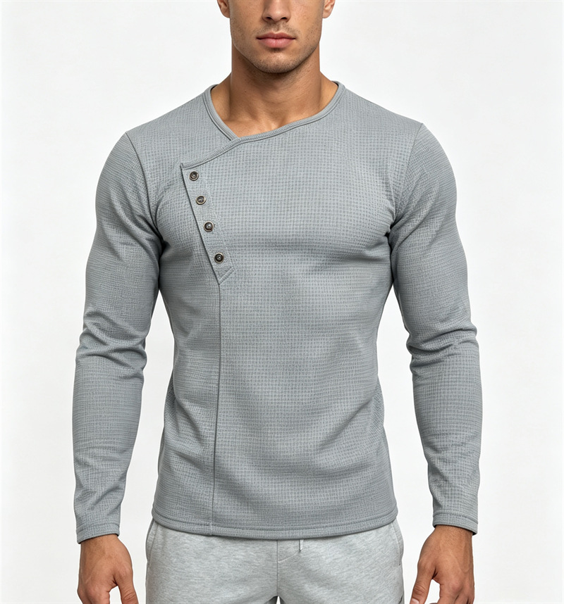 Amazon Men's Diagonal Button Waffle Long Sleeve T-shirt Casual Sports Slim Fit V-neck Top