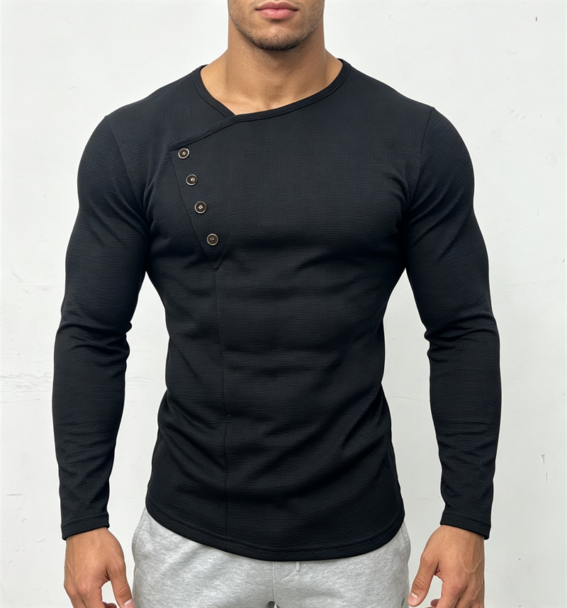 Amazon Men's Diagonal Button Waffle Long Sleeve T-shirt Casual Sports Slim Fit V-neck Top