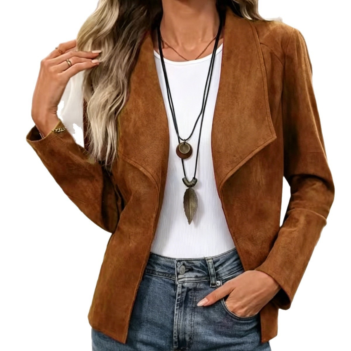 Amazon's New European And American Spring Autumn Solid Color Long-sleeve Lapel Open-front