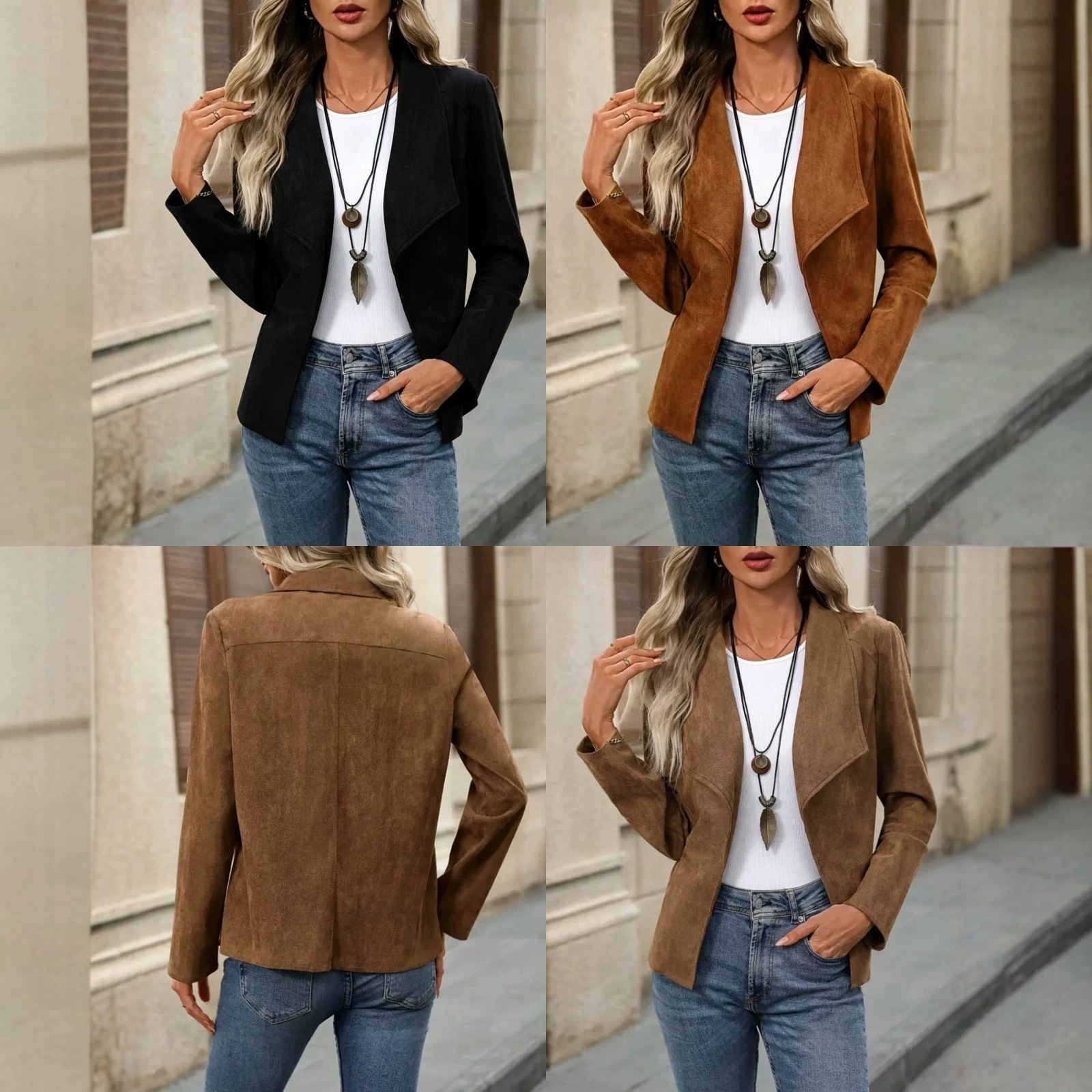 Amazon's New European And American Spring Autumn Solid Color Long-sleeve Lapel Open-front