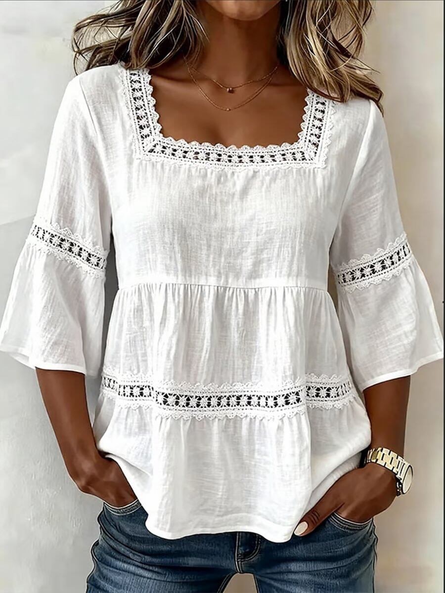 Amazon Summer Solid Color Casual Square Collar Cotton And Linen Lace Patchwork