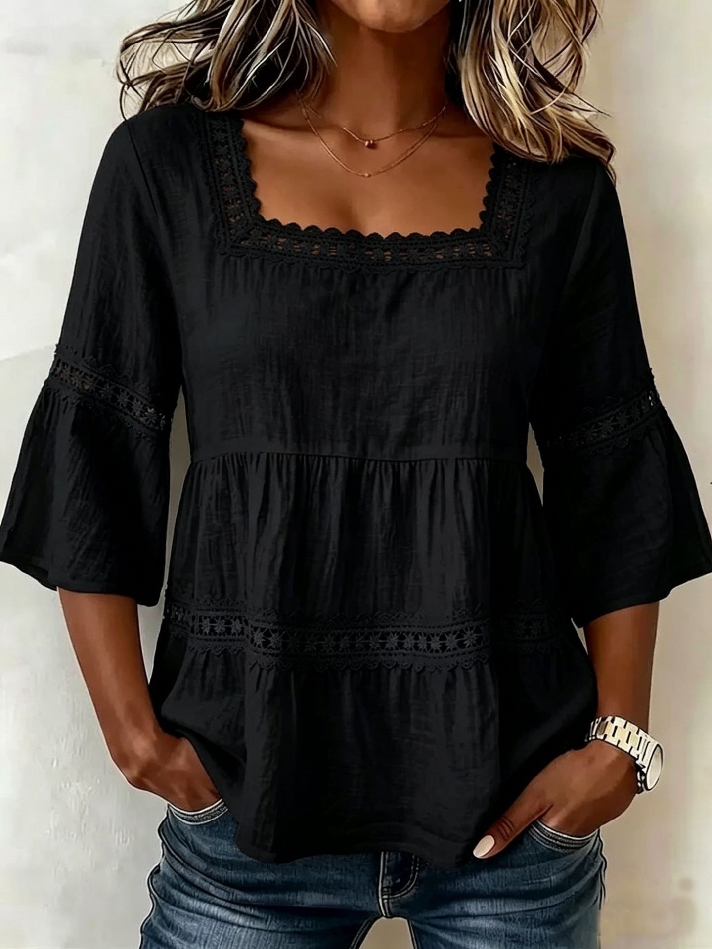 Amazon Summer Solid Color Casual Square Collar Cotton And Linen Lace Patchwork