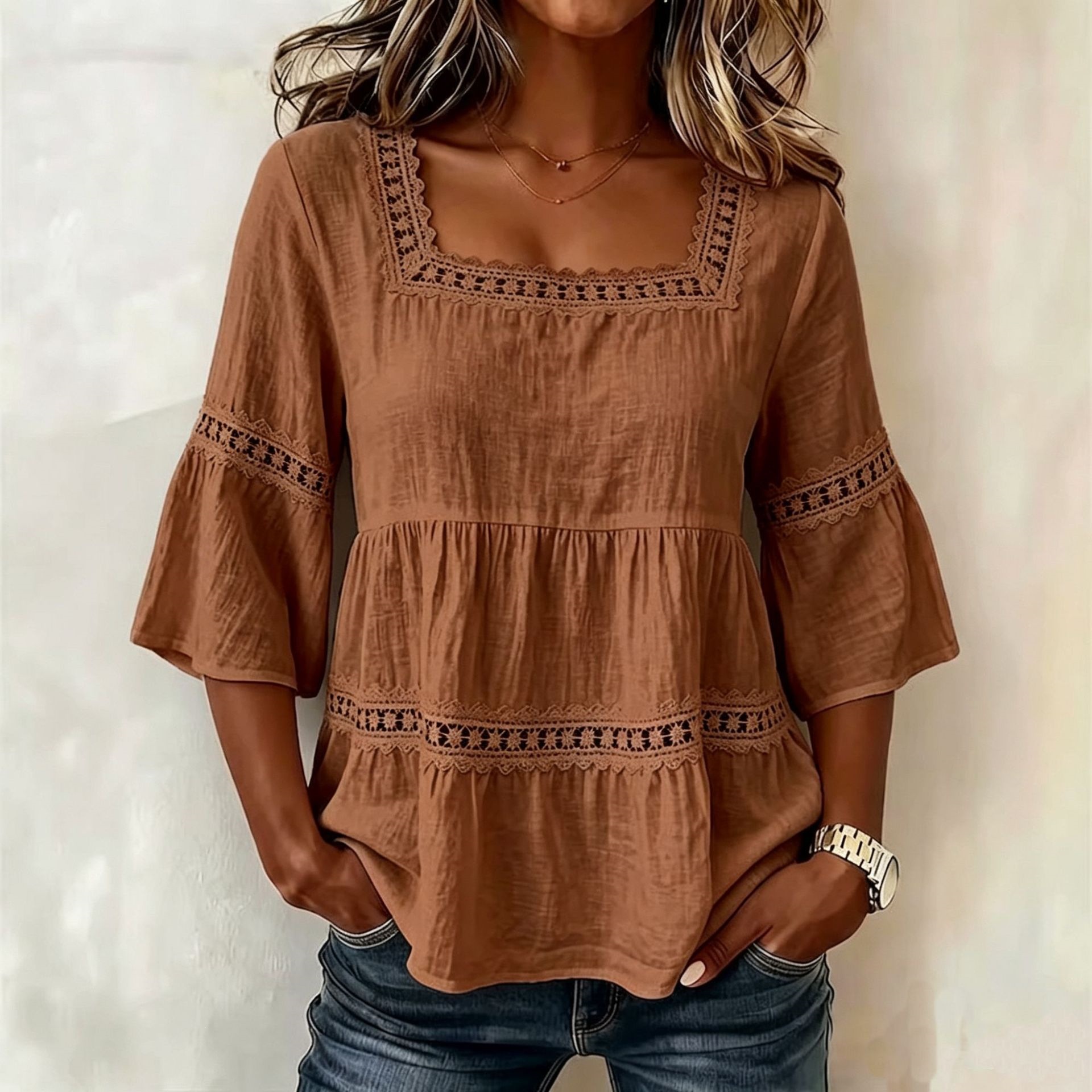 Amazon Summer Solid Color Casual Square Collar Cotton And Linen Lace Patchwork