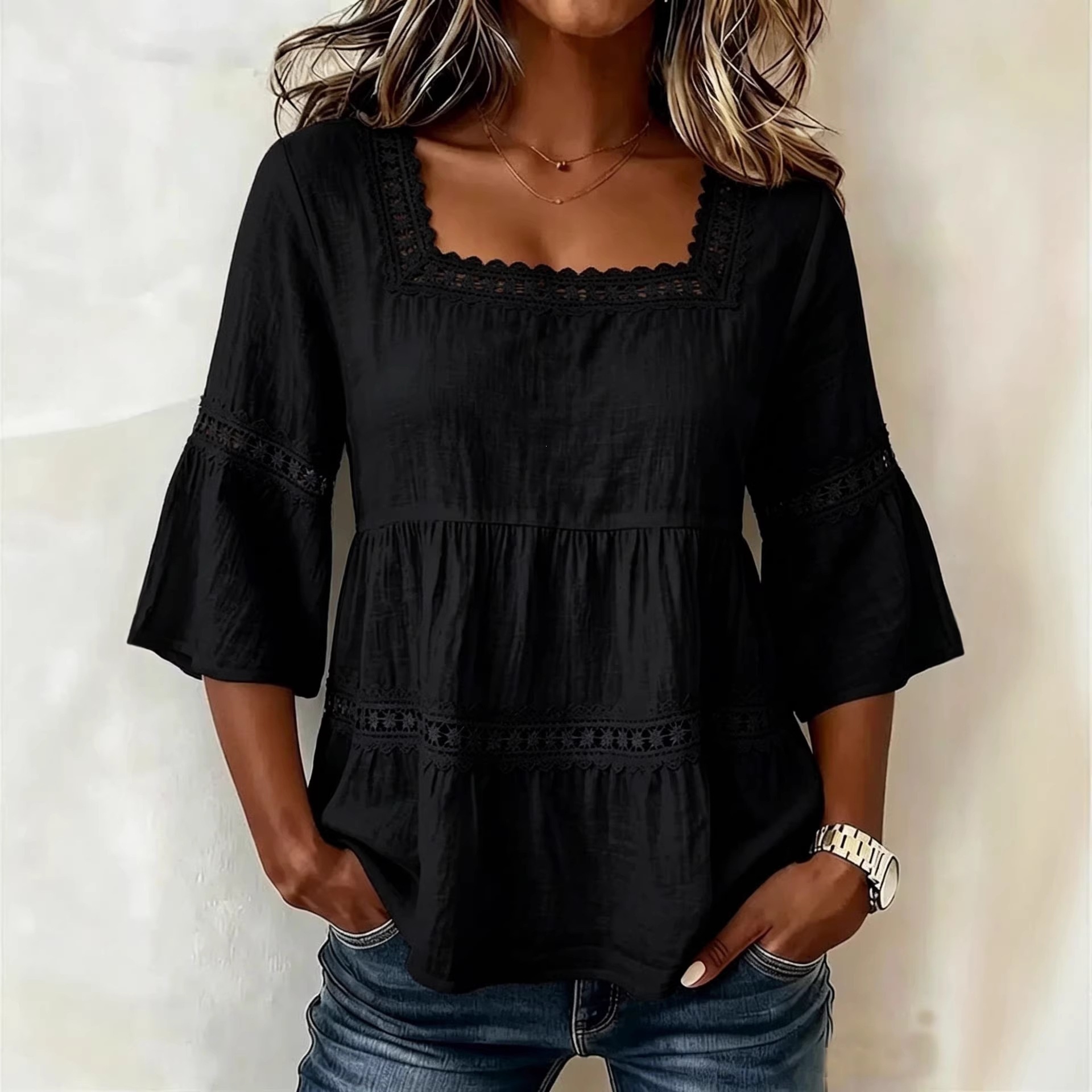 Amazon Summer Solid Color Casual Square Collar Cotton And Linen Lace Patchwork