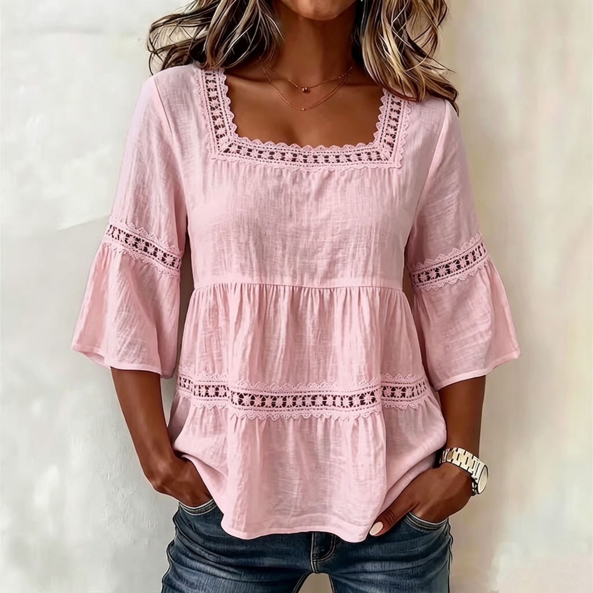 Amazon Summer Solid Color Casual Square Collar Cotton And Linen Lace Patchwork
