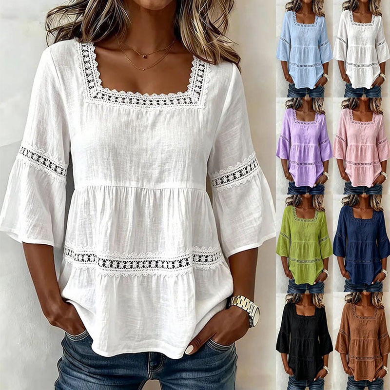Amazon Summer Solid Color Casual Square Collar Cotton And Linen Lace Patchwork
