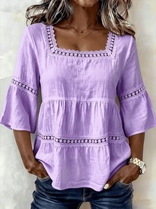 Amazon Summer Solid Color Casual Square Collar Cotton And Linen Lace Patchwork