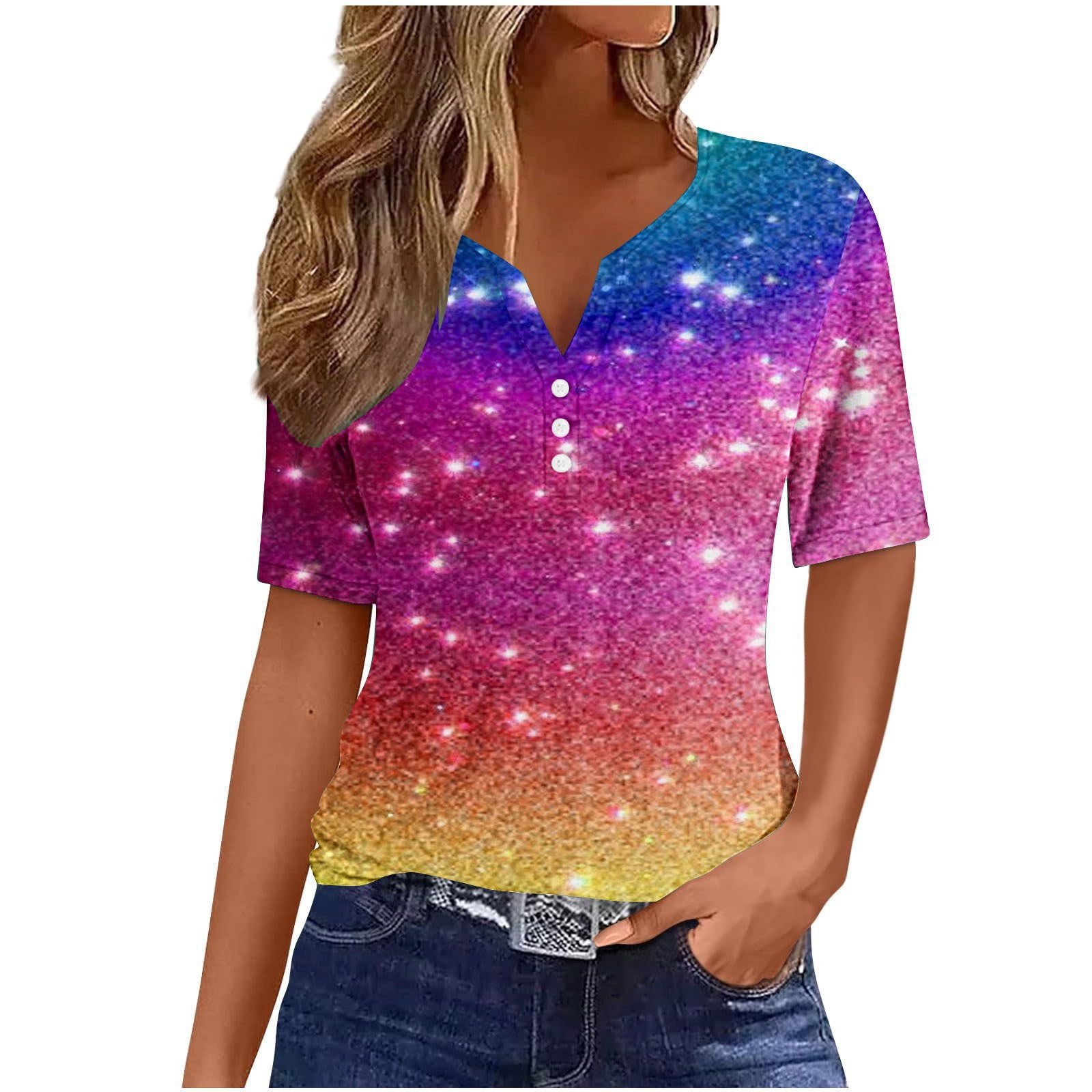 Amazon Womens T-Shirt V-Neck Three-Button Printed Short Sleeve