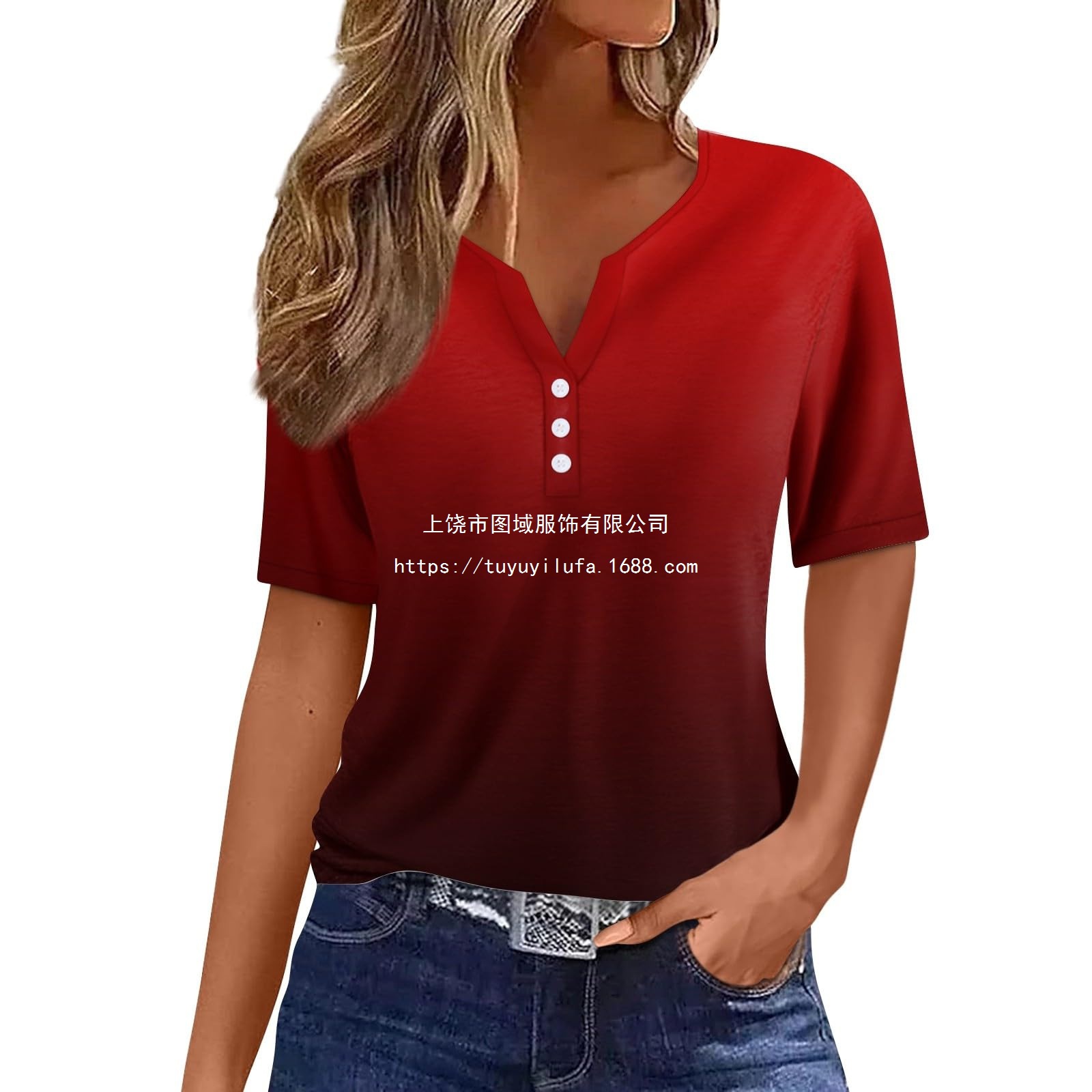 Amazon Womens T-Shirt V-Neck Three-Button Printed Short Sleeve