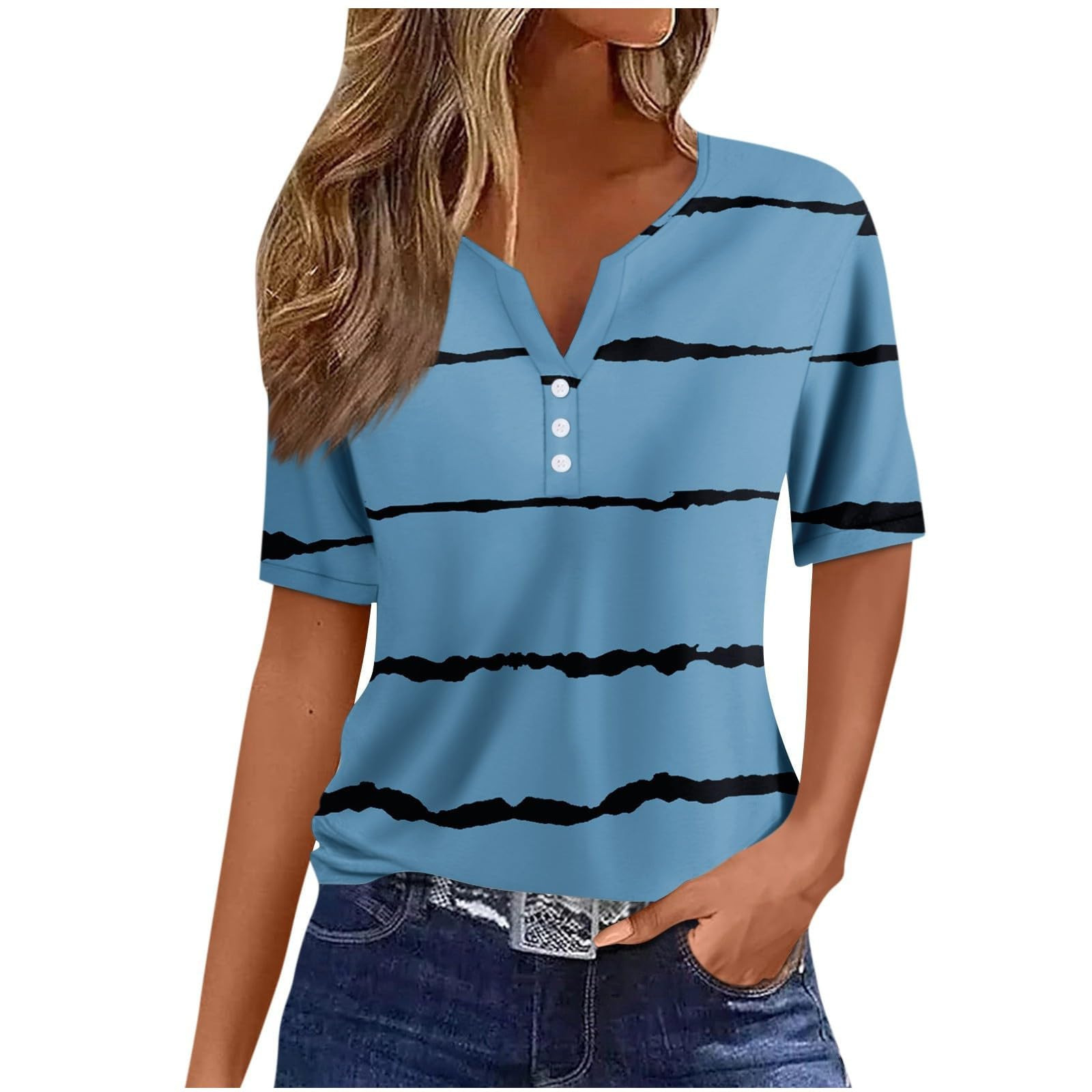 Amazon Womens T-Shirt V-Neck Three-Button Printed Short Sleeve