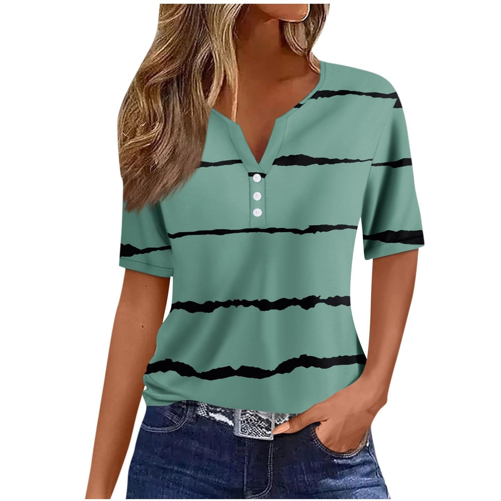 Amazon Womens T-Shirt V-Neck Three-Button Printed Short Sleeve