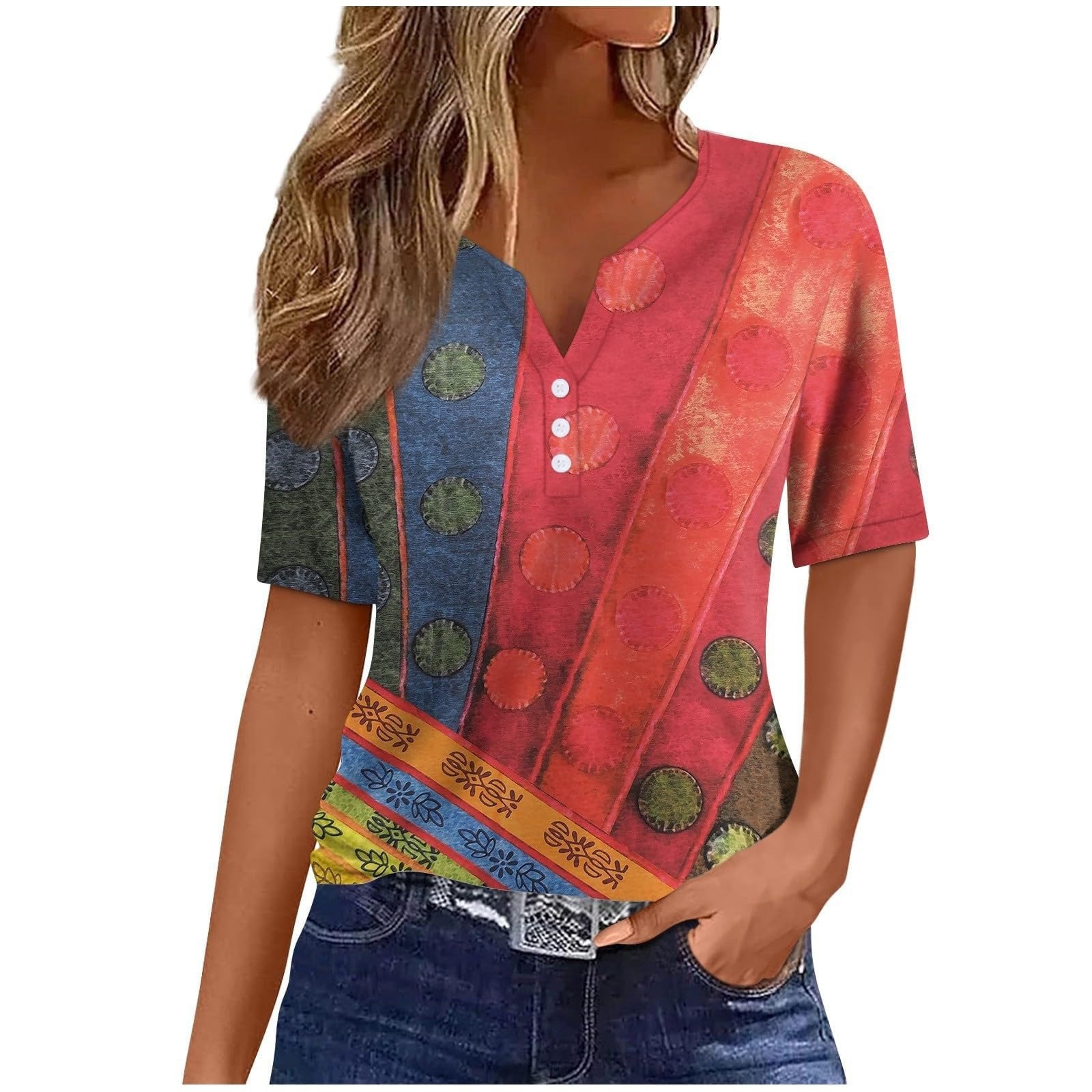 Amazon Womens T-Shirt V-Neck Three-Button Printed Short Sleeve