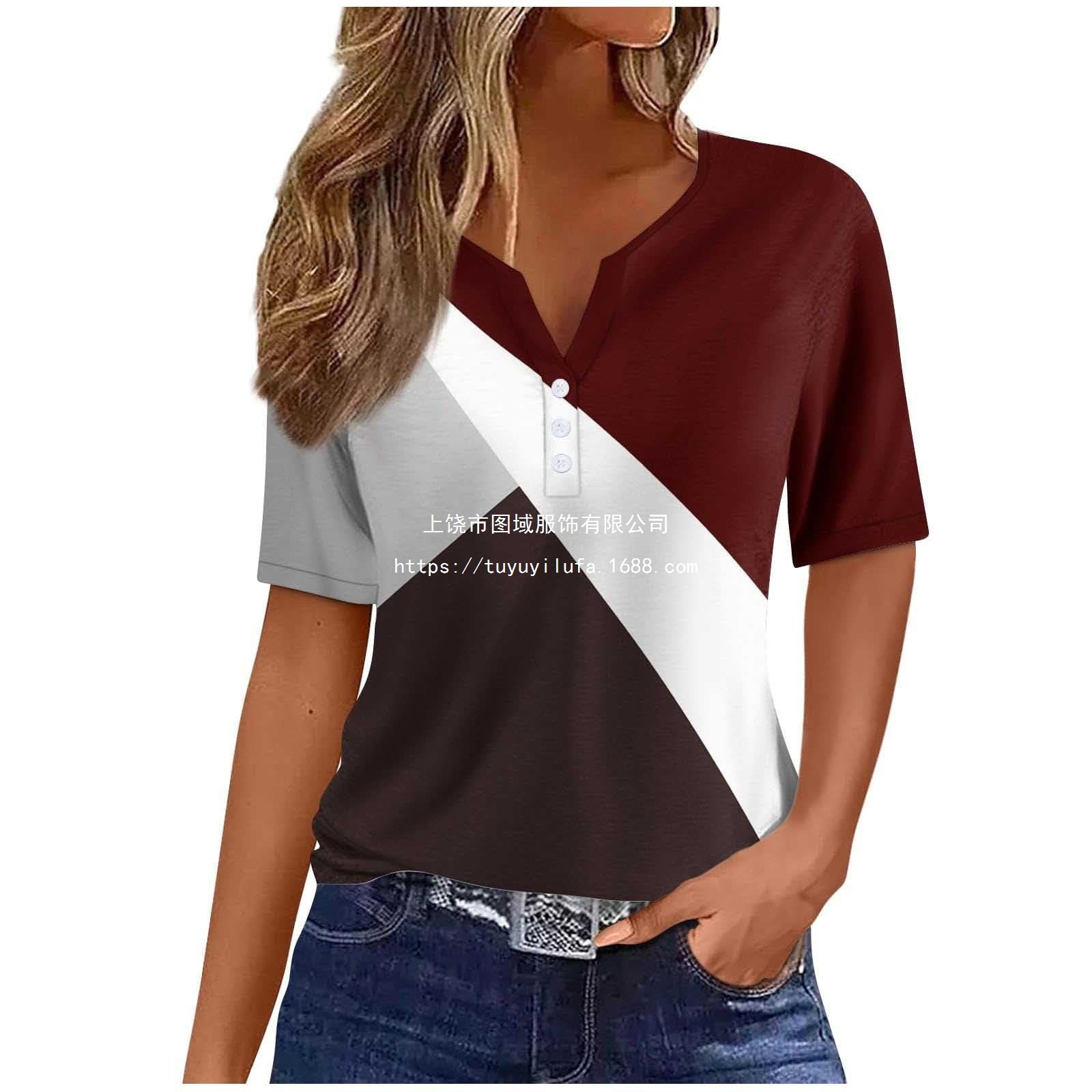 Amazon Womens T-Shirt V-Neck Three-Button Printed Short Sleeve